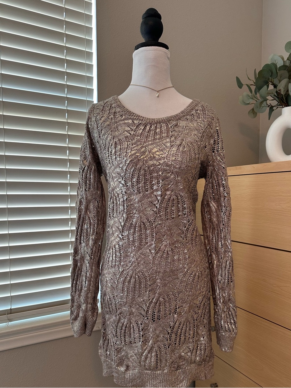 INC International Concepts Taupe/Gold Open-Knit Long-Sleeve Sweater
